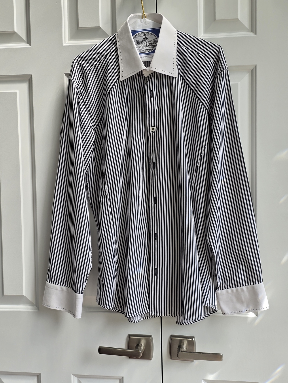 Stone Rose Black and White Striped Dress Shirt with Contrast White Collar